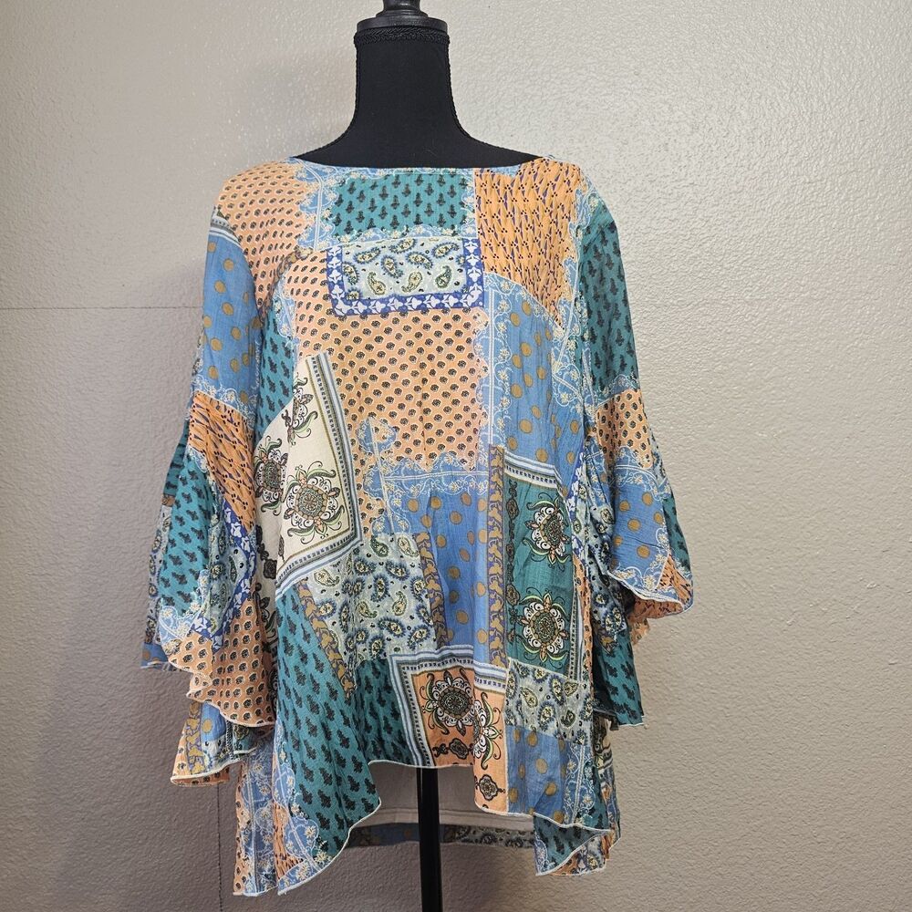 Paisley Vine Womens 1X Multicolor Patchwork Boho Blouse Bell Sleeve Flowy V307